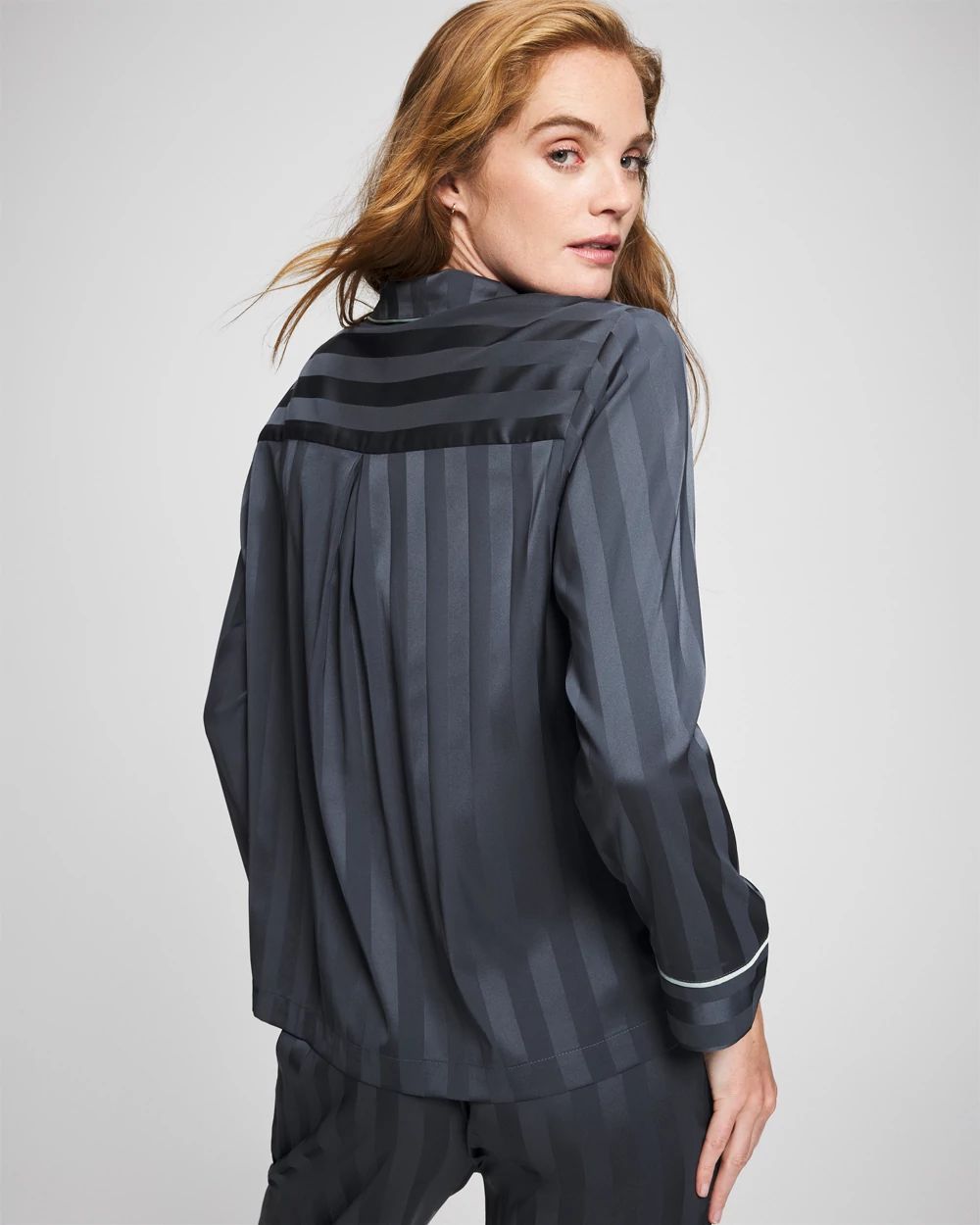 Satin Shadow Stripe Long Sleeve Pajama Notch Collar Top