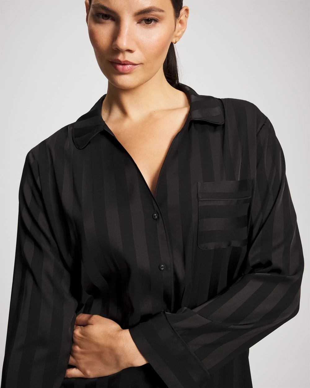 Satin Shadow Stripe Long Sleeve Pajama Notch Collar Top