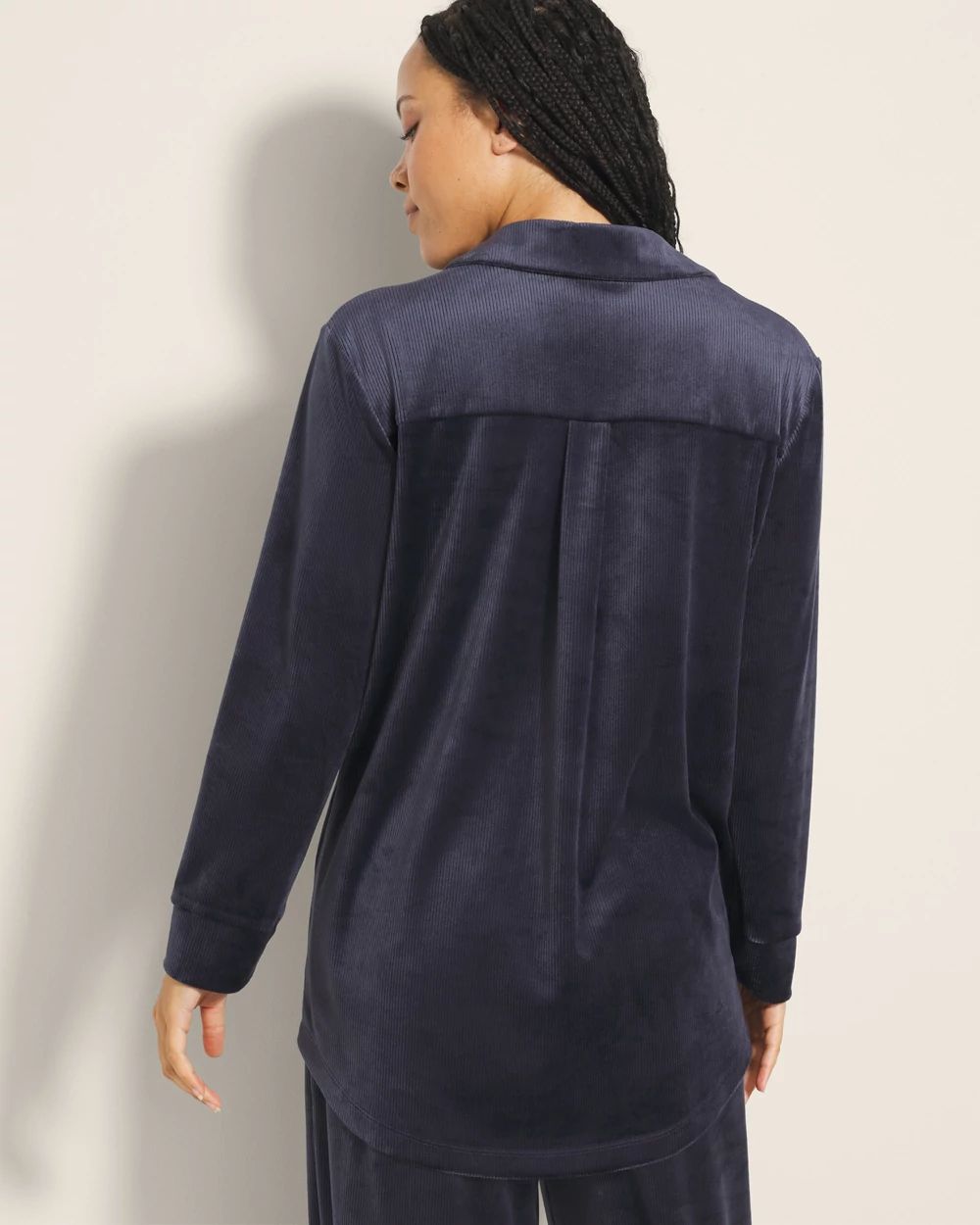 Velvety Ribbed Long-Sleeve Notch Collar Pajama Top