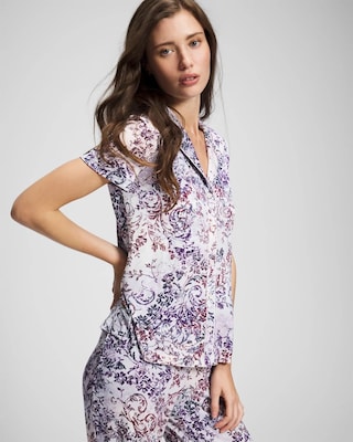 Piped Short Sleeve Notch Collar Pajama Top
