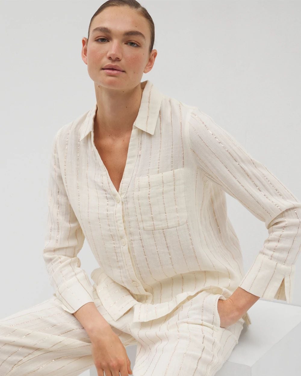 Cotton Gauze Long Sleeve Notch Collar Pajama Top