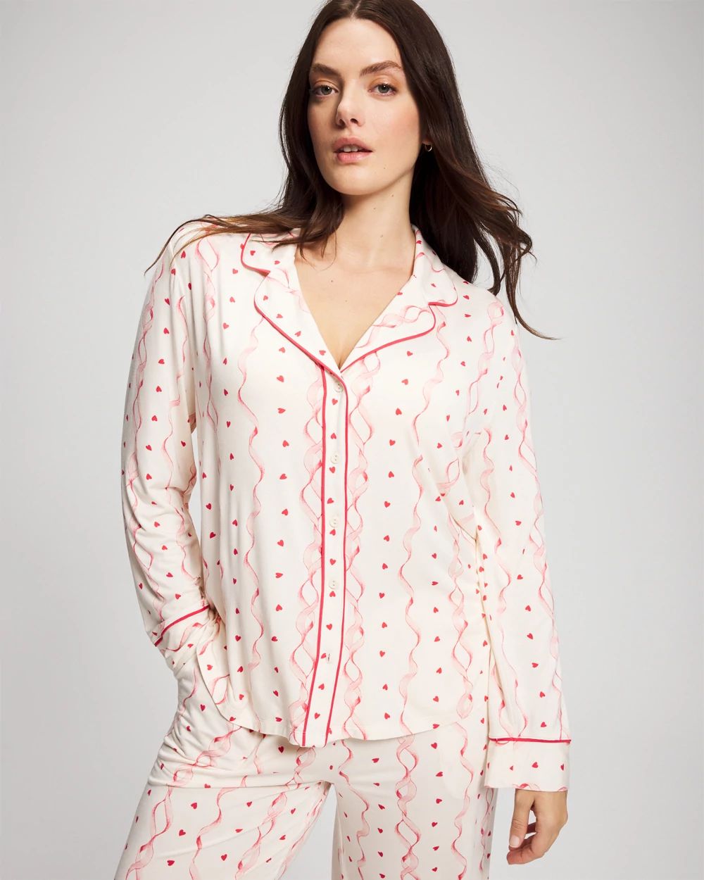 Cool Nights Long Sleeve Notch Collar with Piped Placket Pajama Top