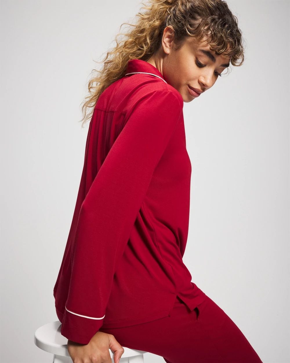 Cool Nights Long Sleeve Notch Collar w/ Piped Placket Pajama Top