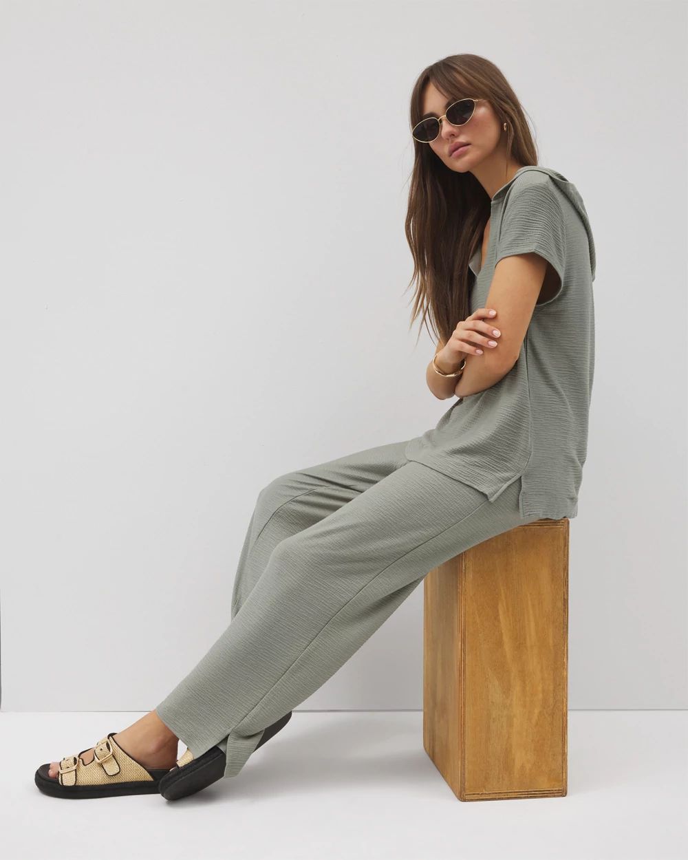 Crinkle Knit Short Sleeve V-Neck Hoodie