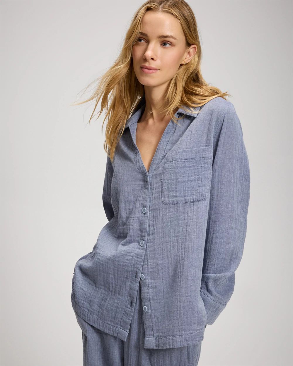 Cotton Gauze Long Sleeve Notch Collar Pajama Top