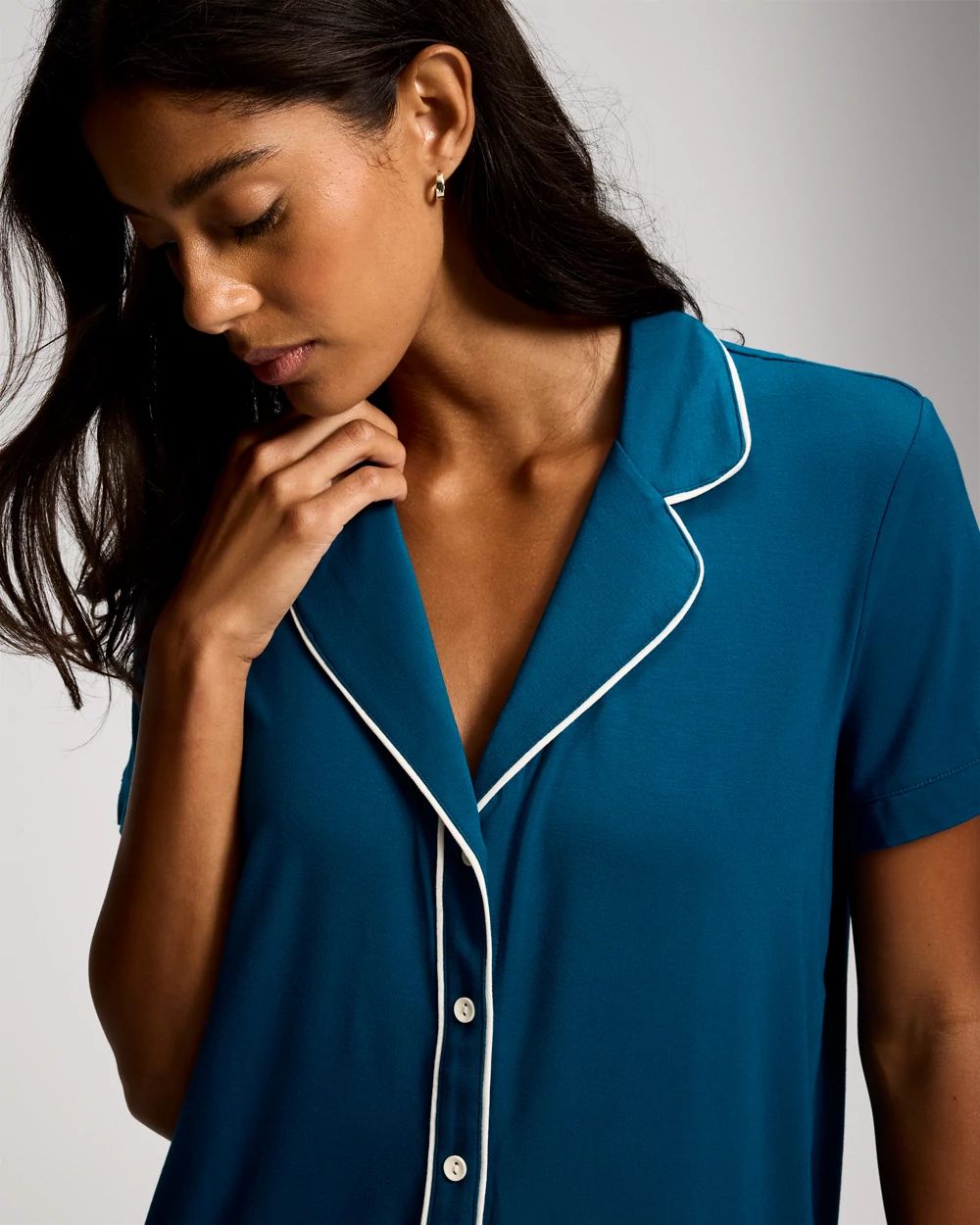 Piped Short Sleeve Notch Collar Pajama Top click to view larger image.