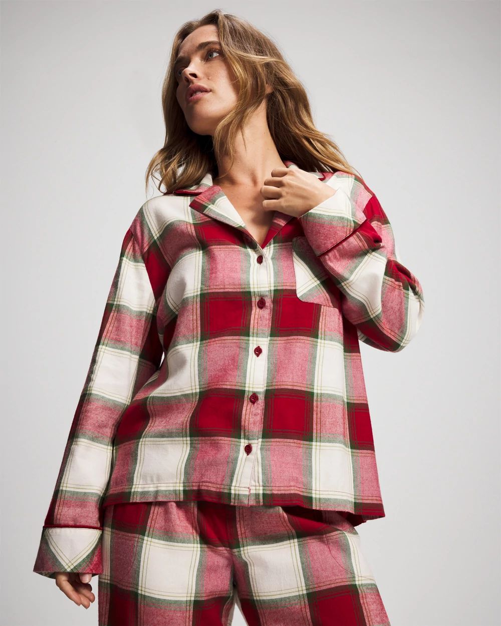 Flannel Long-Sleeve Notch Collar Pajama Top