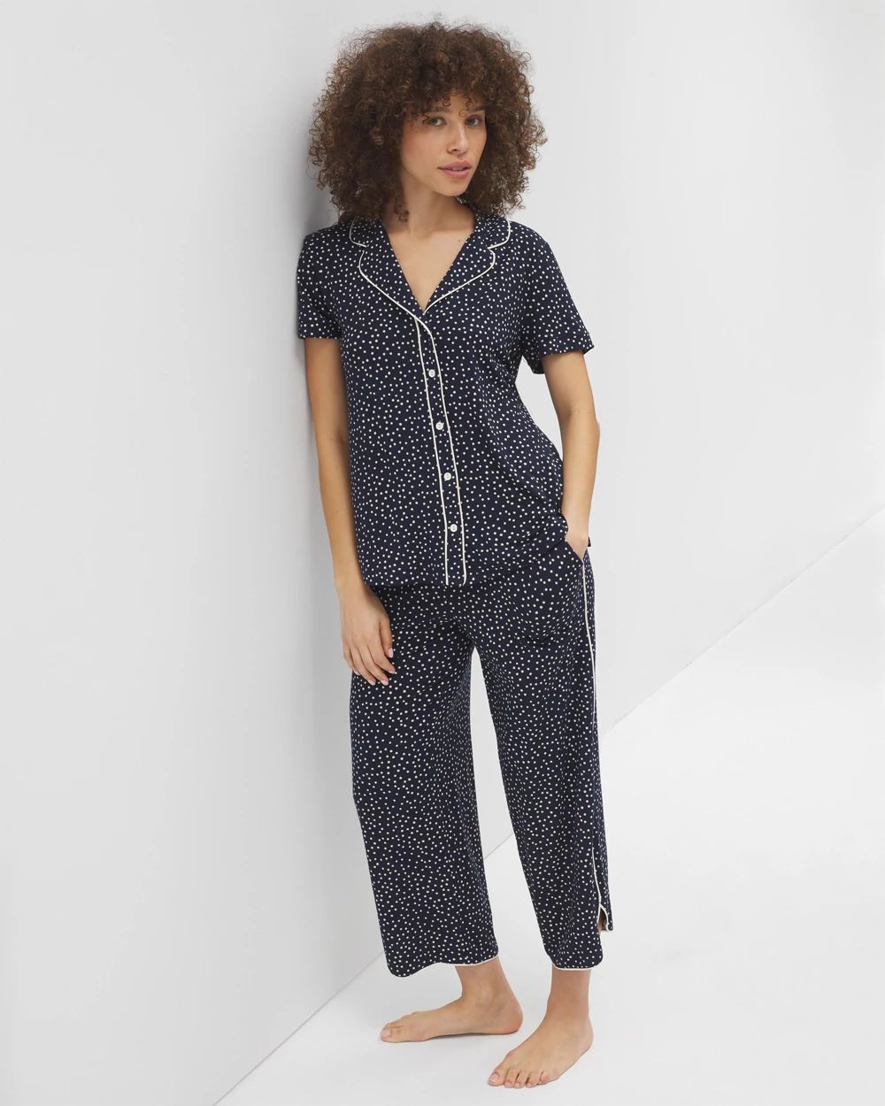 Cool Nights Piped Short Sleeve Notch Collar Pajama Top