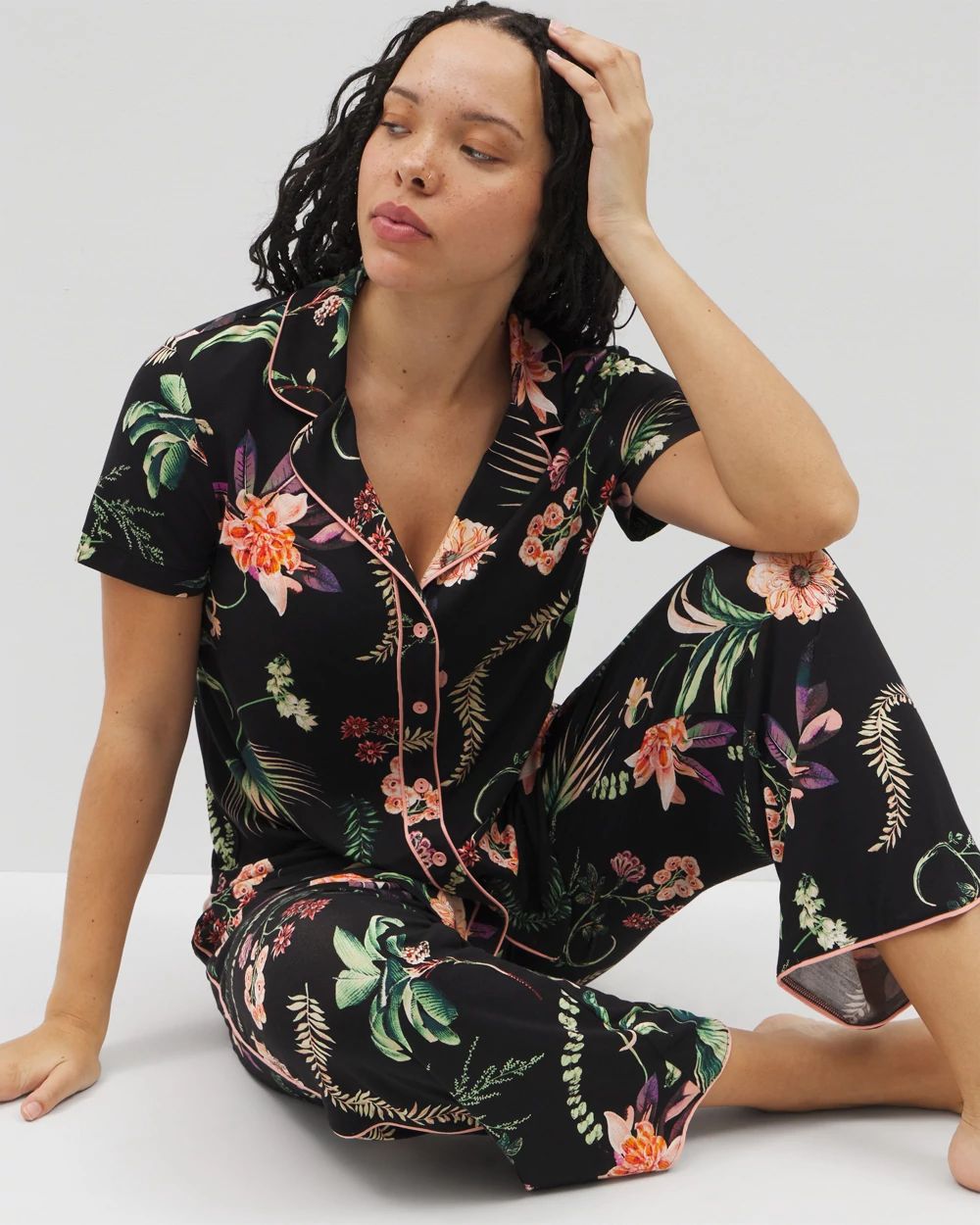 Cool Nights Piped Short Sleeve Notch Collar Pajama Top