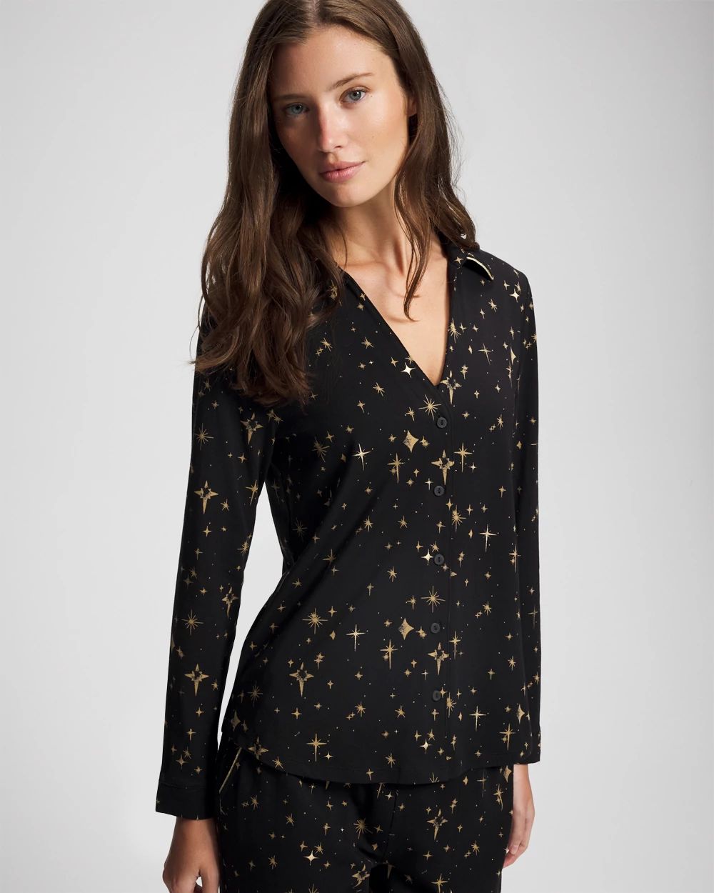 Long-Sleeve Notch Collar Pajama Top