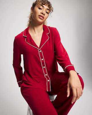 Long Sleeve Notch Collar w/ Piped Placket Pajama Top click to view larger image.