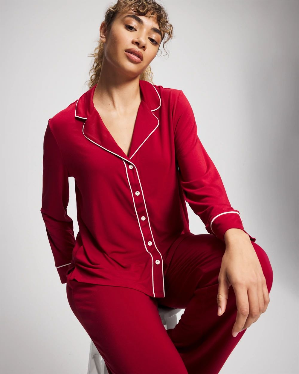Long Sleeve Notch Collar w/ Piped Placket Pajama Top click to view larger image.