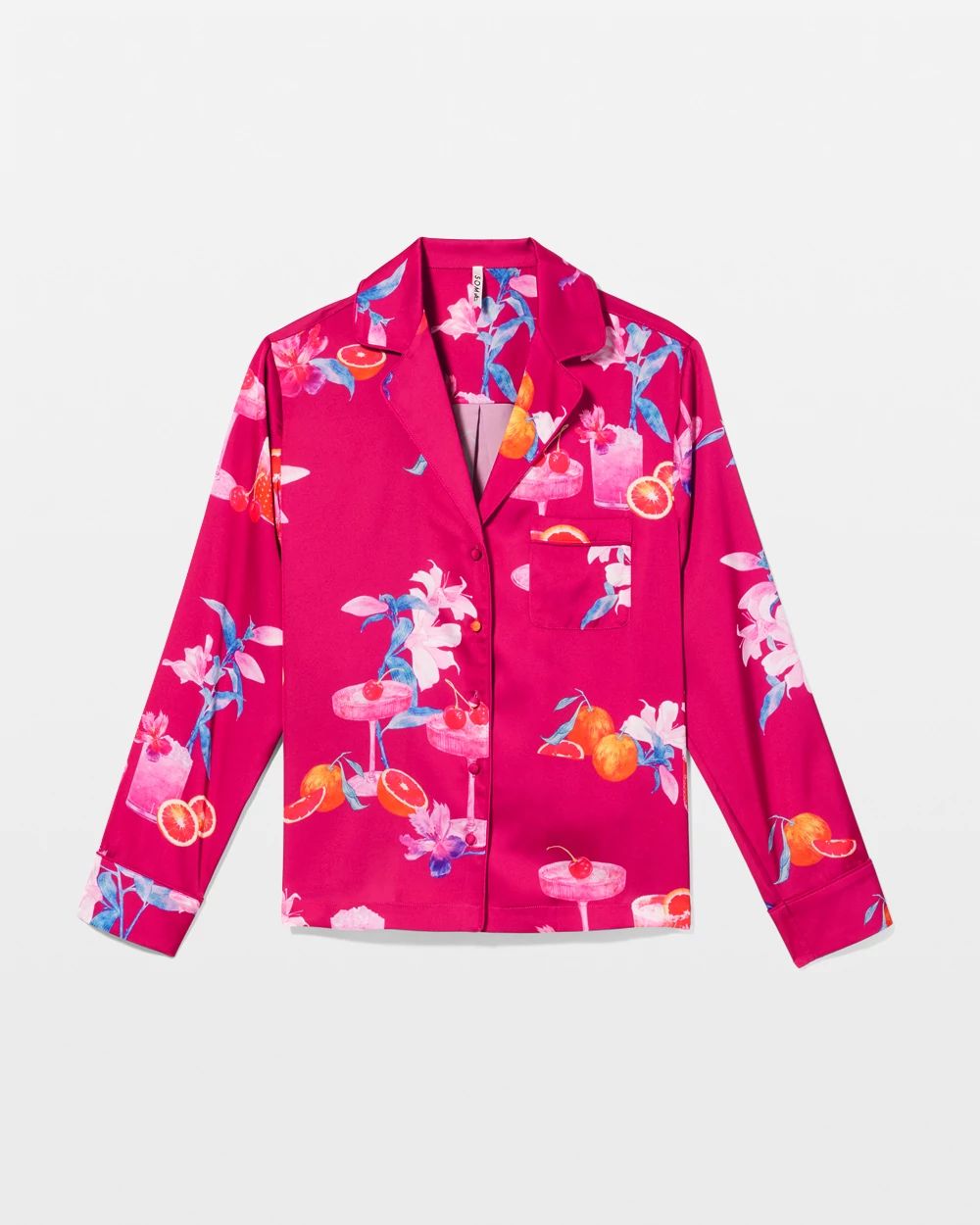 Satin Long-Sleeve Notch Collar Pajama Top
