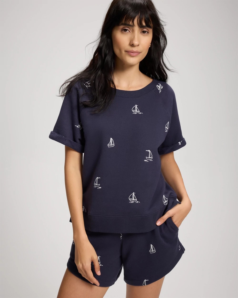 Soma Women's Cotton Terry Relaxed Short Sleeve Rolled Cuff Sweatshirt In Blue Size Xs |  In Float Your Boat Indigo