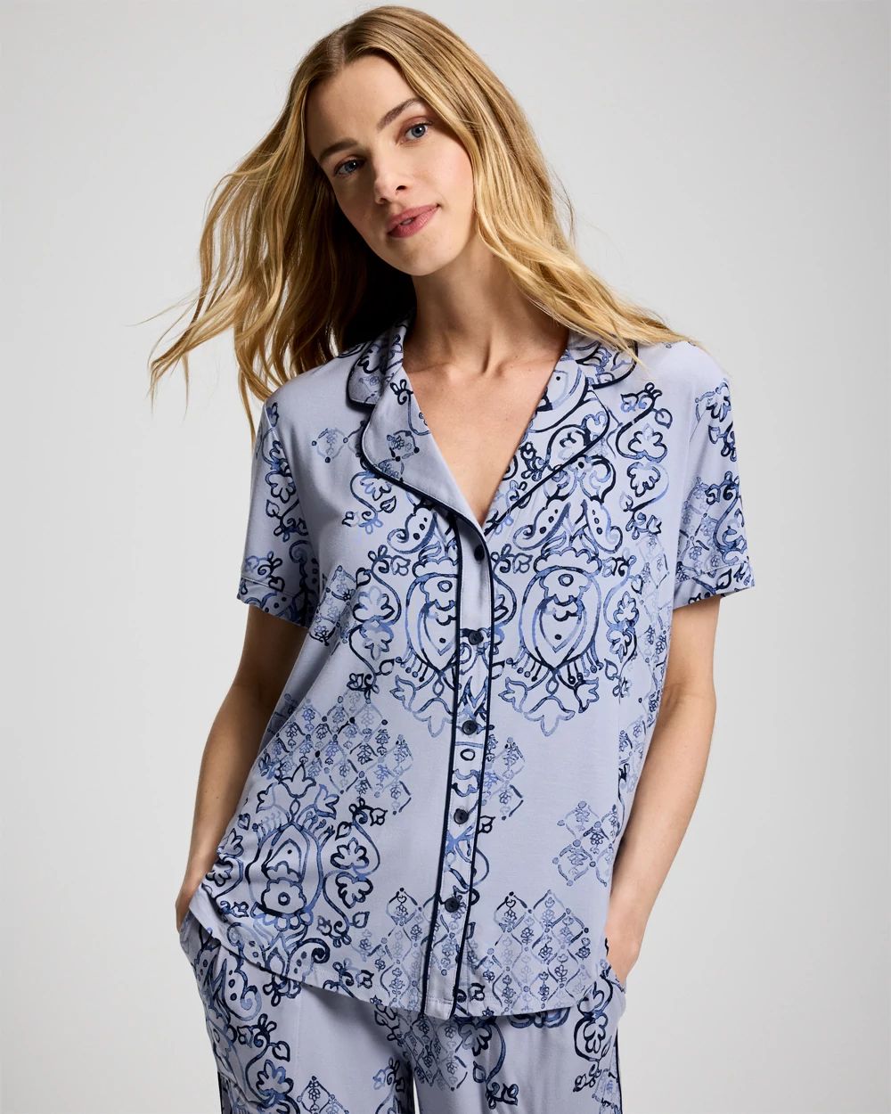 Short Sleeve Notch Collar Pajama Top