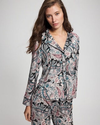 Cool Nights Long Sleeve Notch Collar with Piped Placket Pajama Top