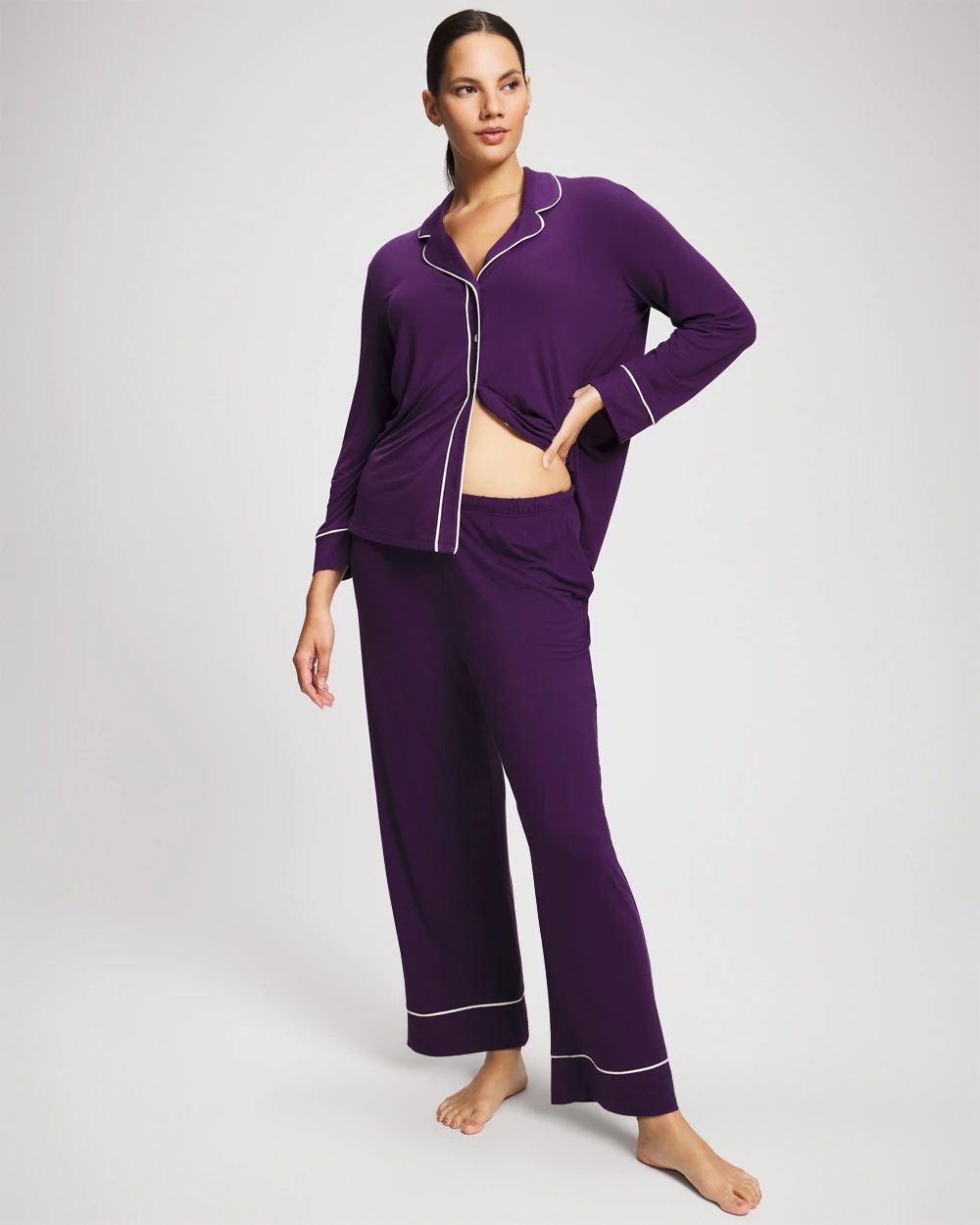 Cool Nights Long Sleeve Notch Collar w/ Piped Placket Pajama Top