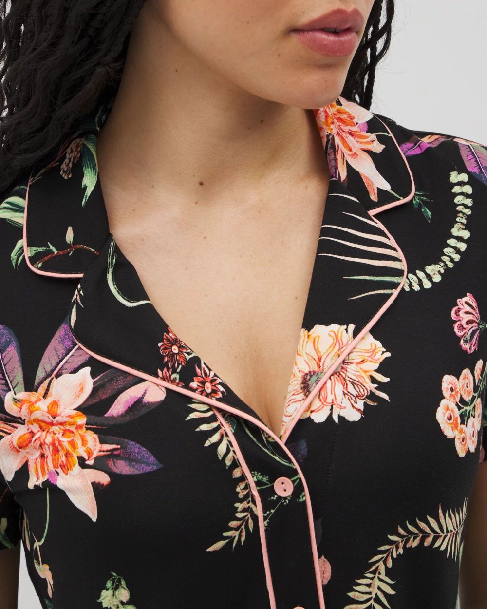 Cool Nights Piped Short Sleeve Notch Collar Pajama Top