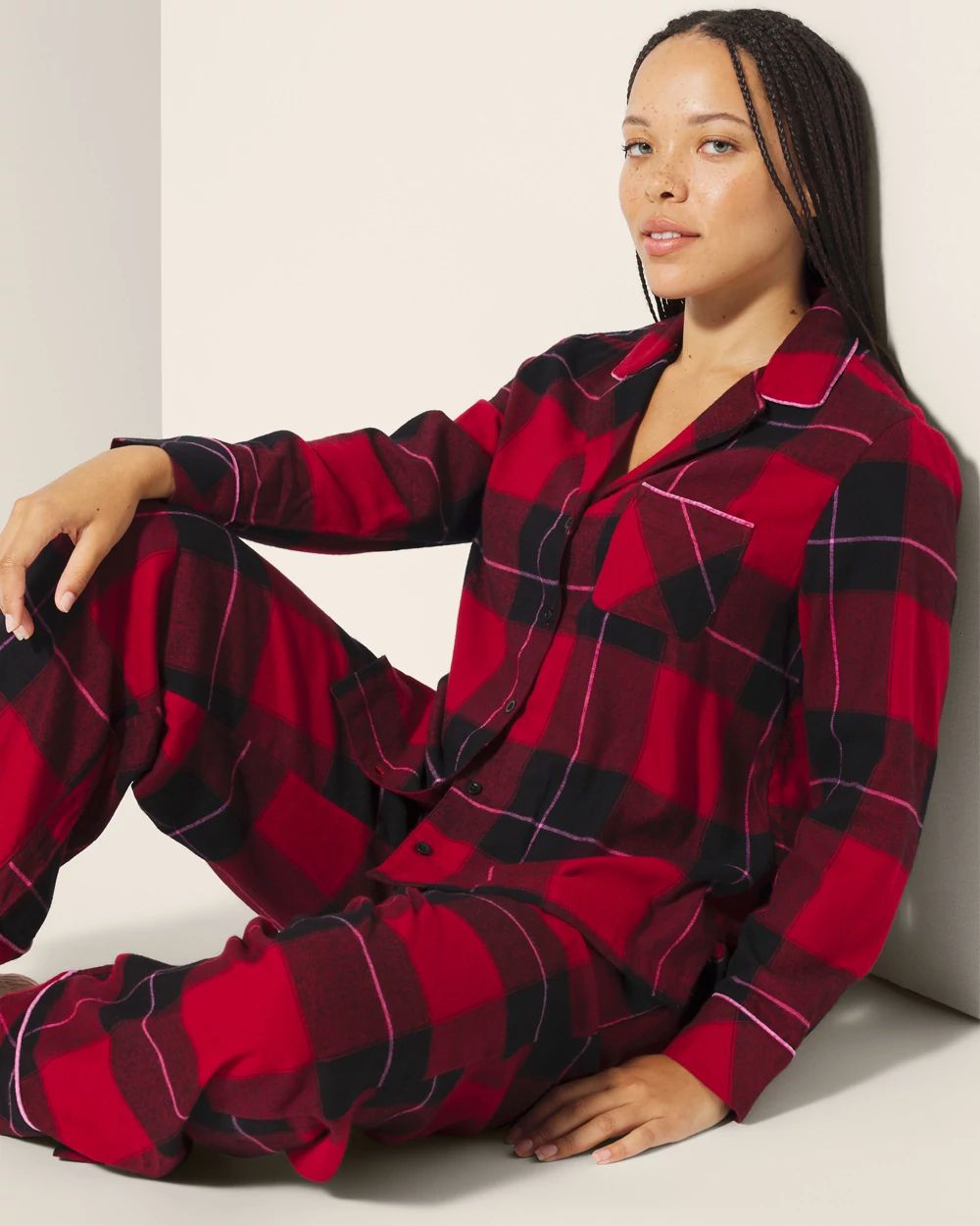 Flannel Super Soft Long-Sleeve Notch Collar Pajama Top