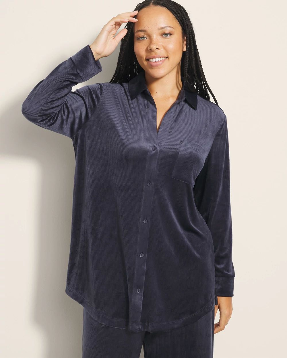 Velvety Ribbed Long-Sleeve Notch Collar Pajama Top