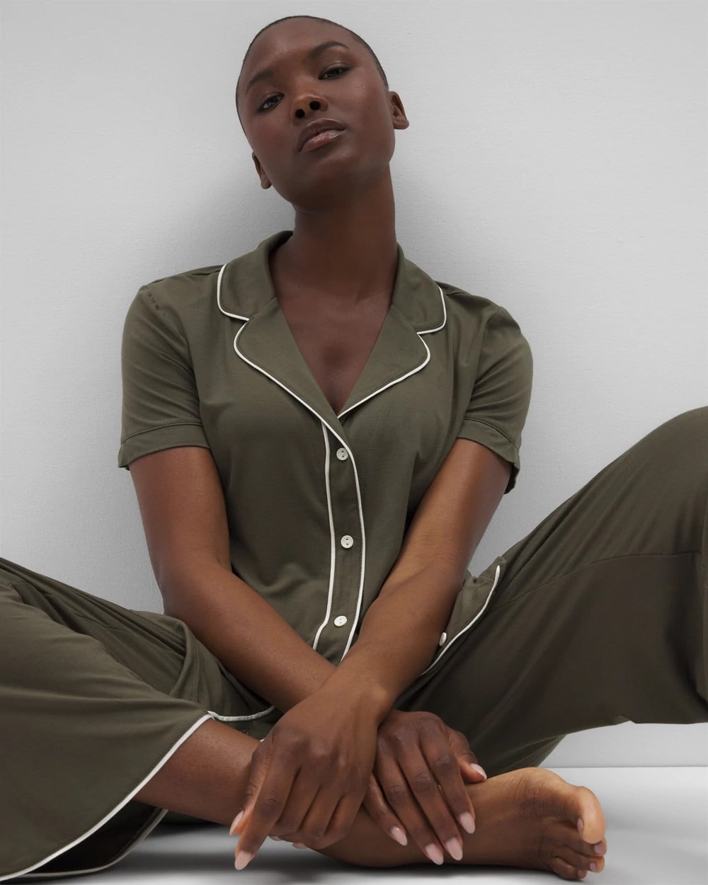 Solid Short Sleeve Notch Collar Pajama Top