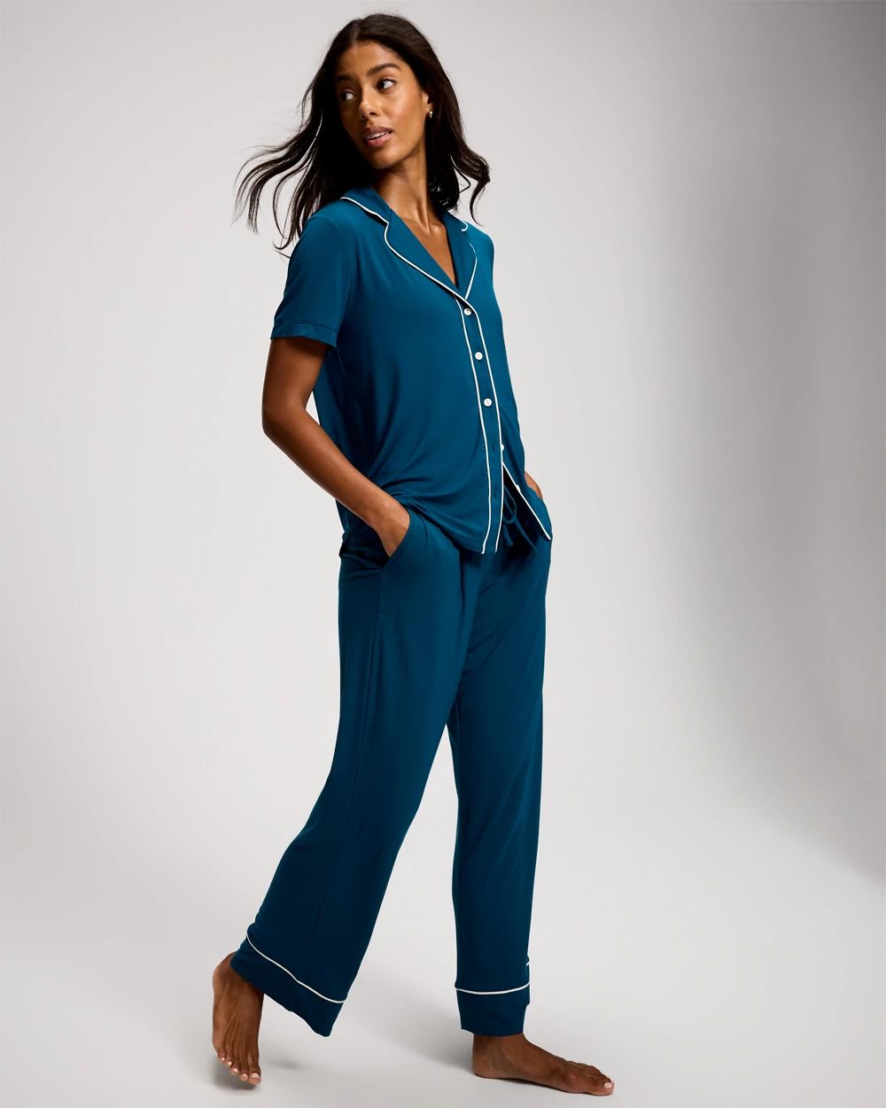 Piped Short Sleeve Notch Collar Pajama Top click to view larger image.