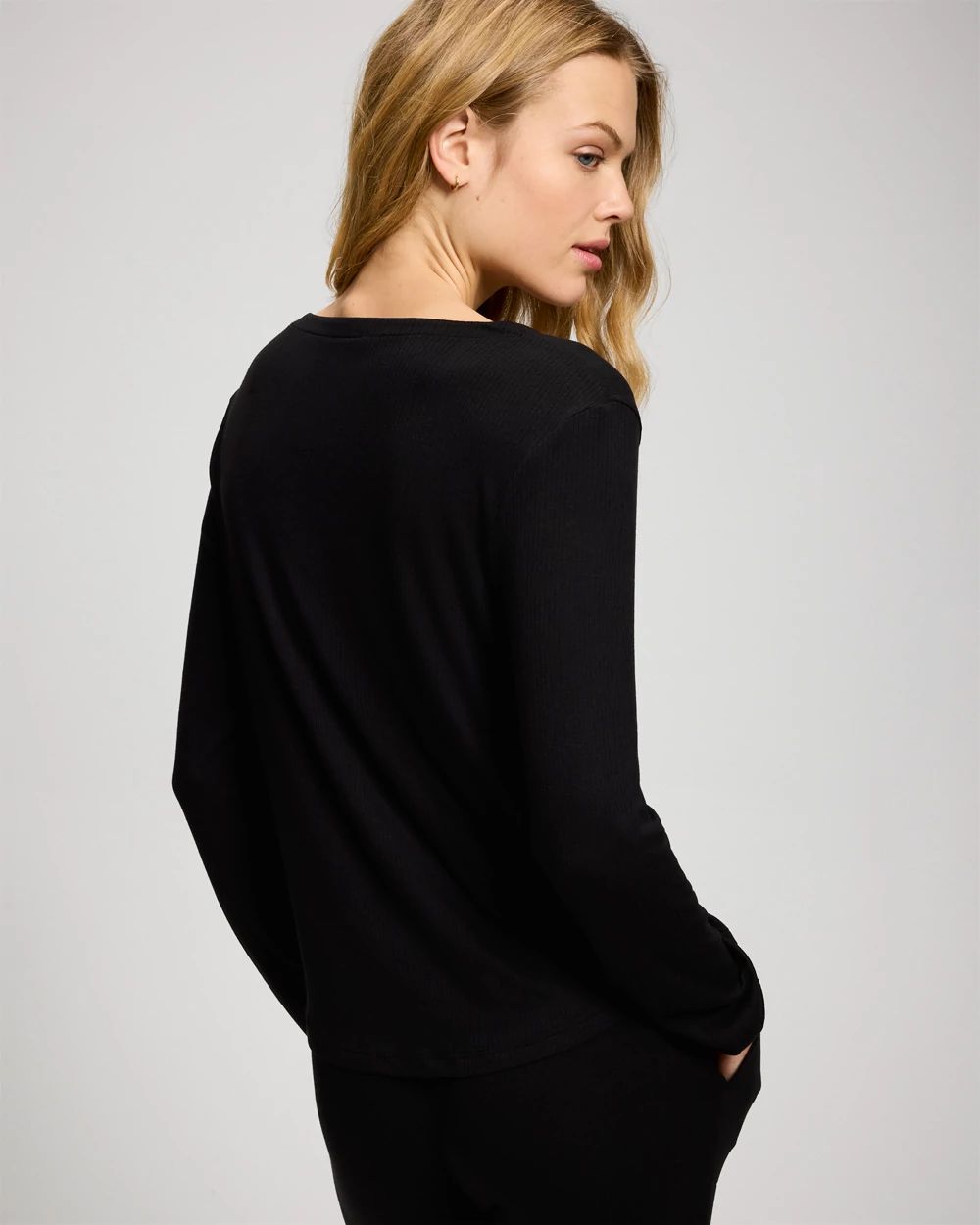 Lightweight Rib Knit Button-Front Long Sleeve Pajama Top click to view larger image.