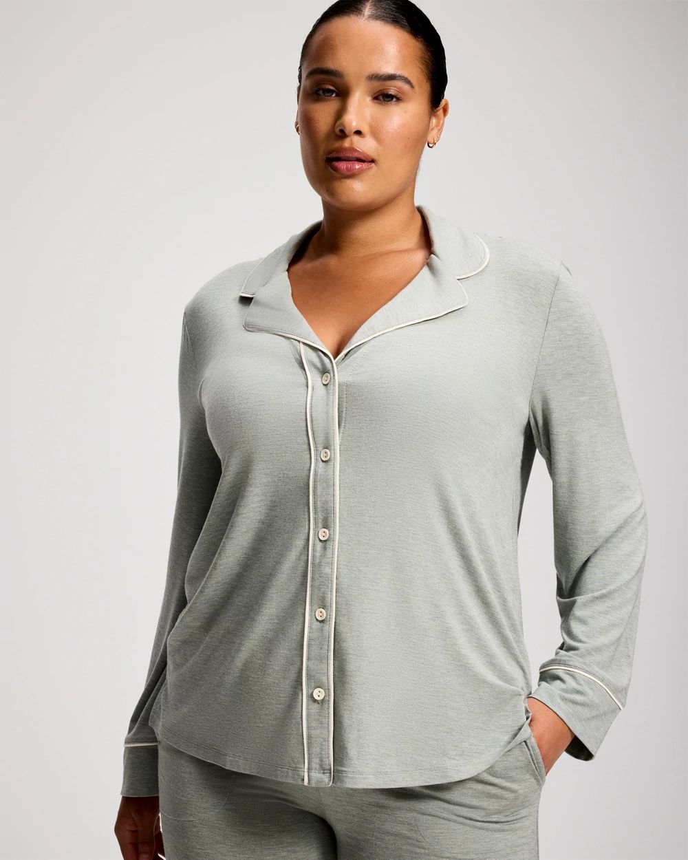 Cool Nights Long Sleeve Notch Collar w/ Piped Placket Pajama Top