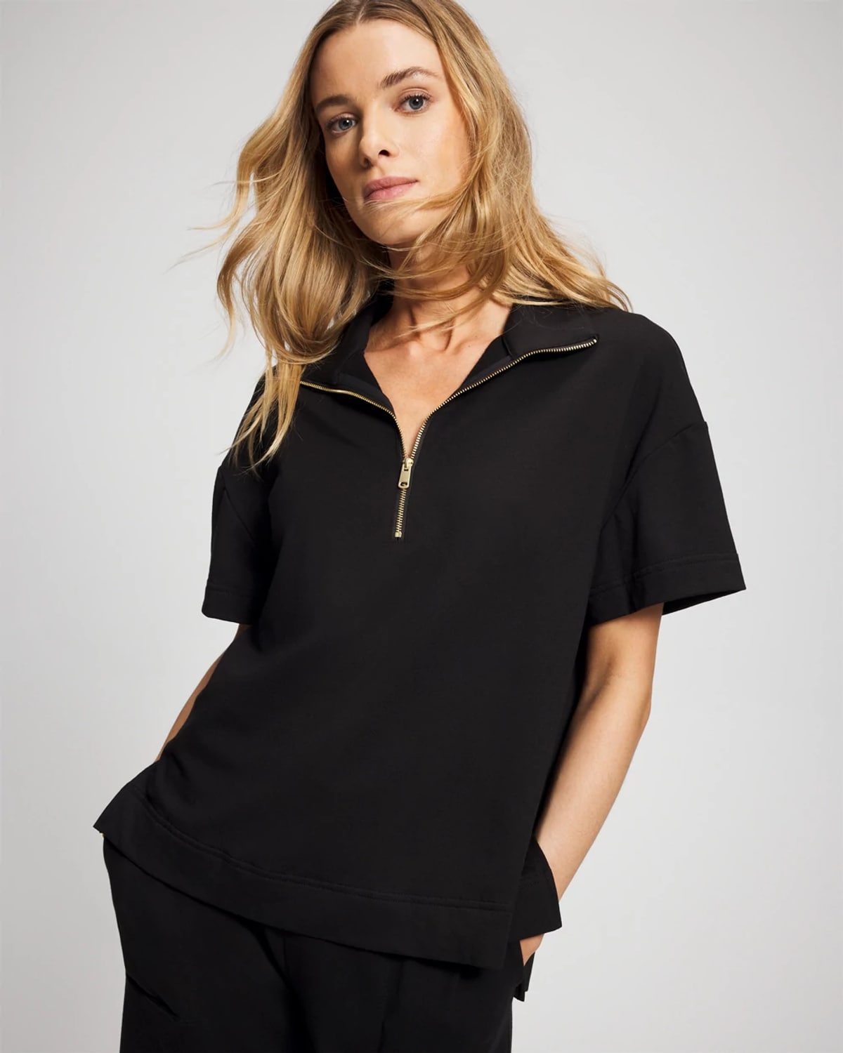 Soma Women's Essential Terry Quarter Zip Short Sleeve Sweatshirt In Black Size Xs |