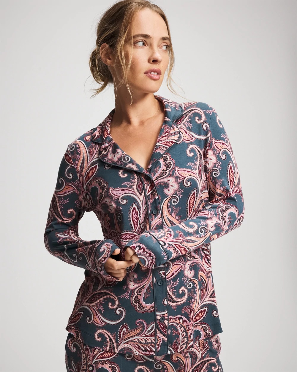 Long-Sleeve Printed Notch Collar Pajama Top