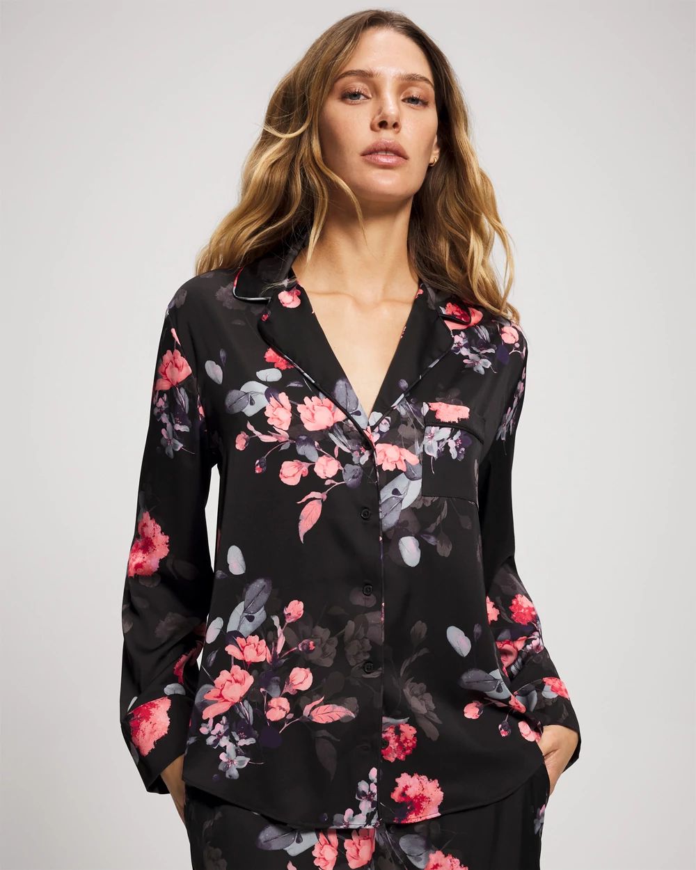 Satin Long Sleeve Notch Collar Pajama Top