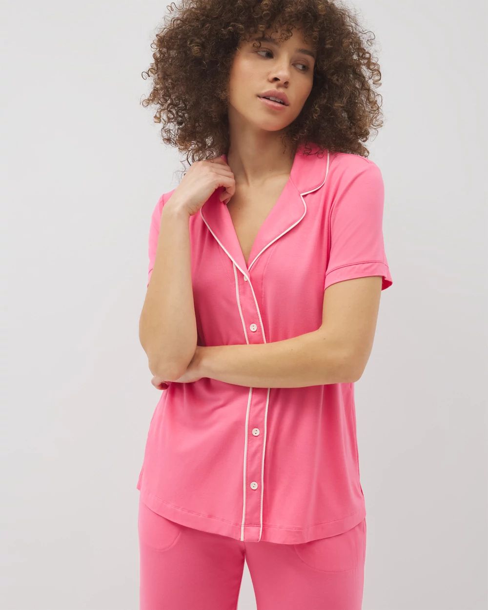 Cool Nights Solid Short Sleeve Notch Collar Pajama Top