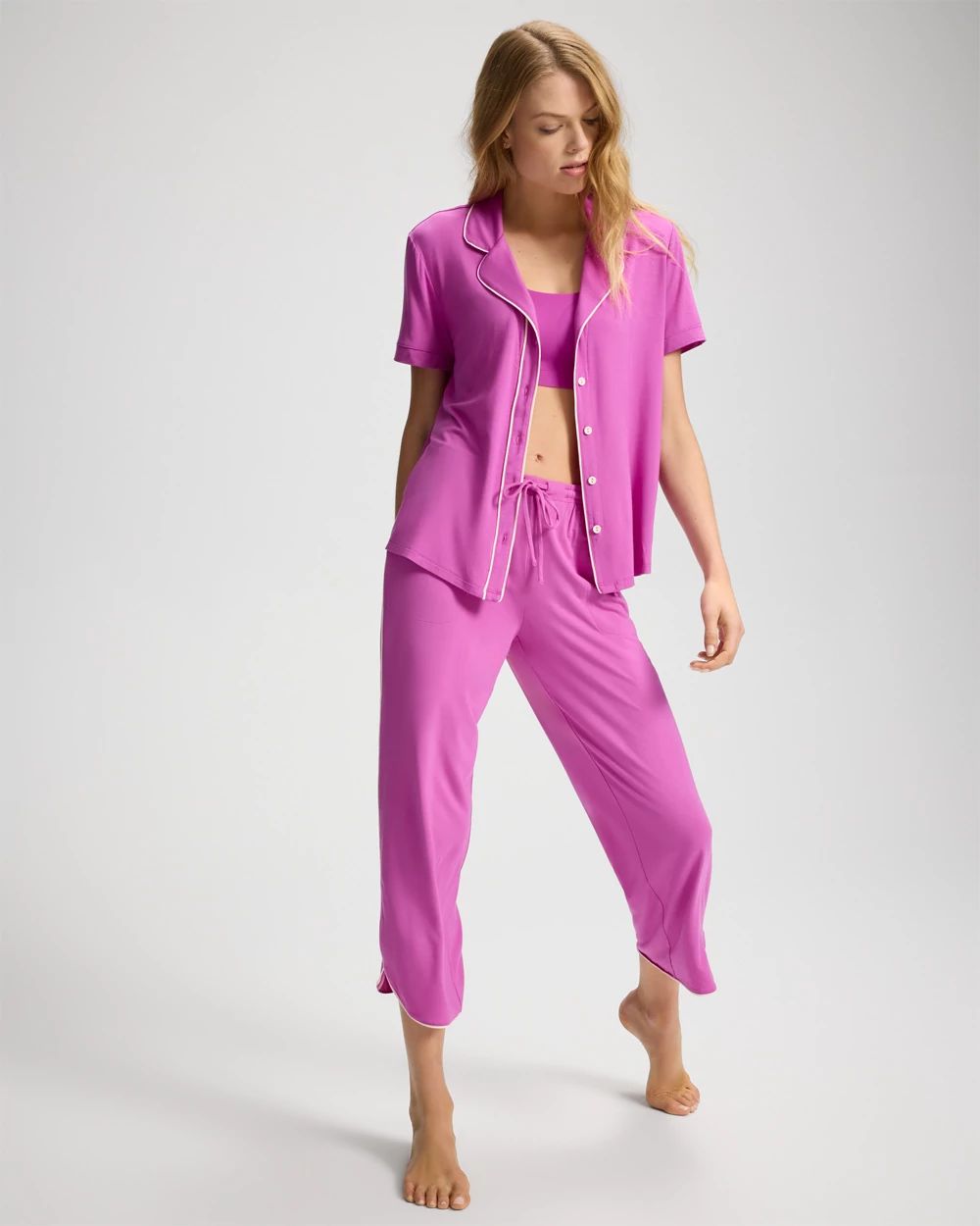 Cool Nights Piped Short Sleeve Notch Collar Pajama Top