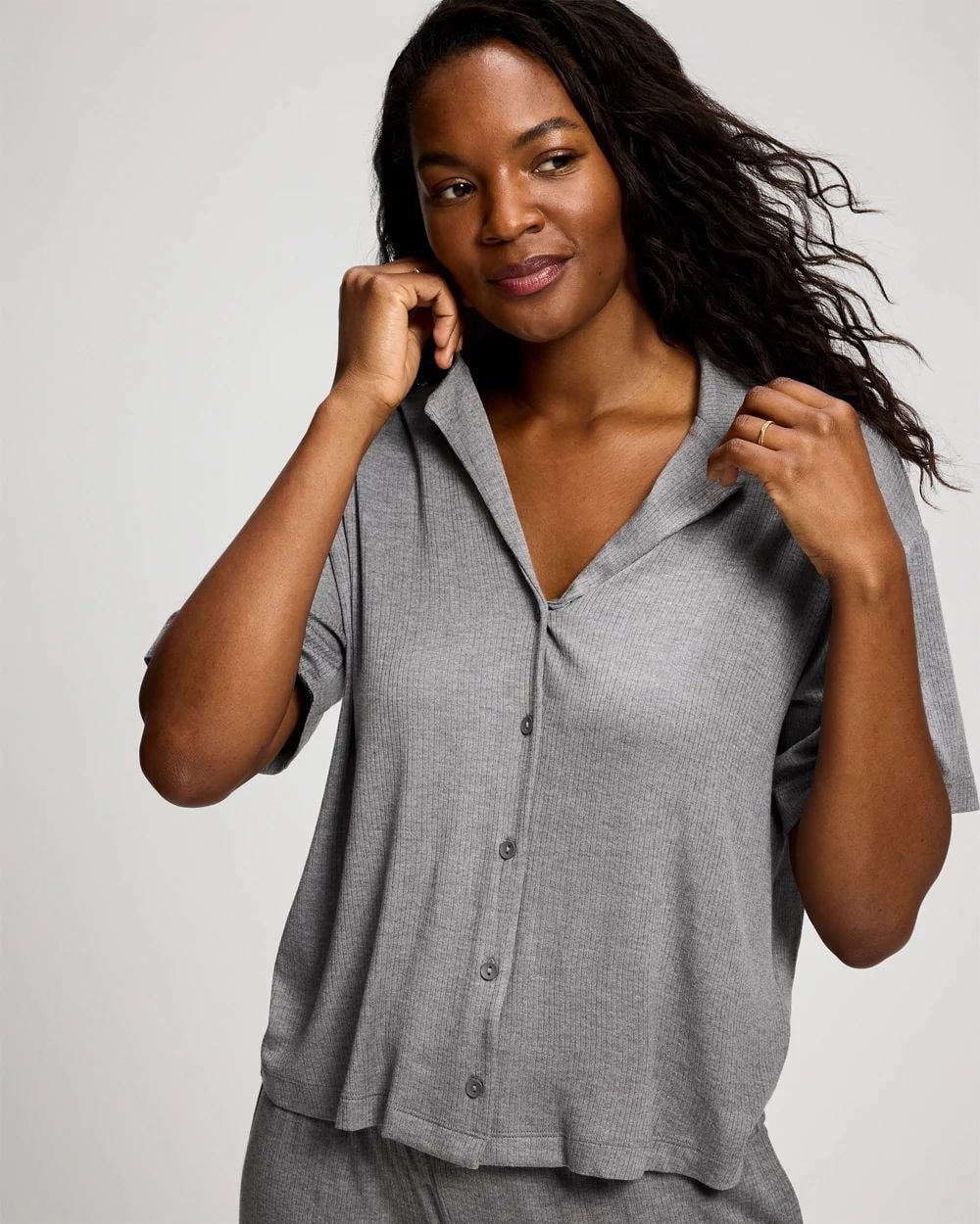 Lightweight Rib Knit Relaxed Notch Collar Pajama Top