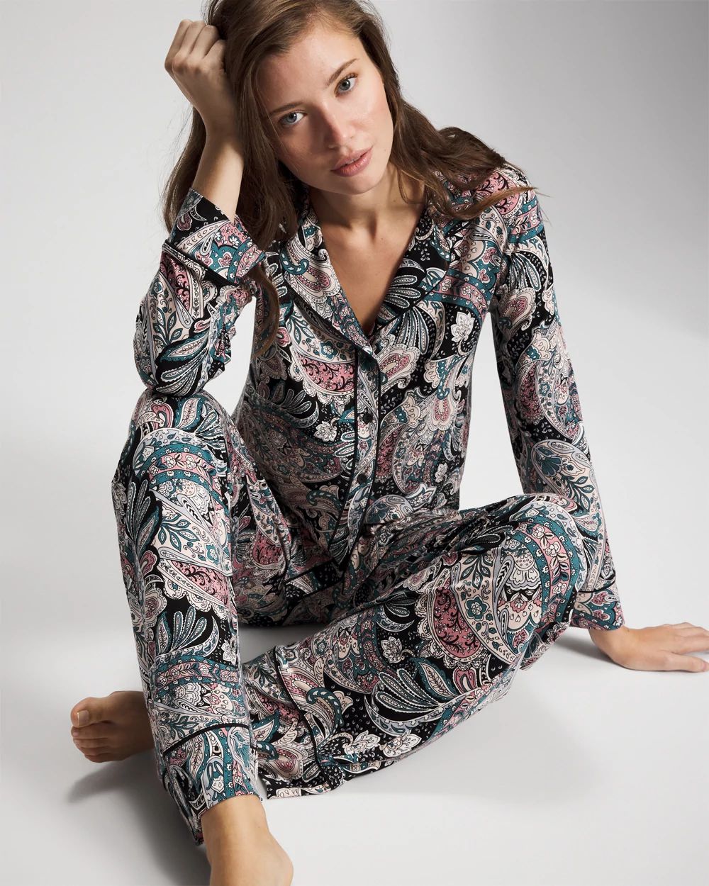 Cool Nights Long Sleeve Notch Collar with Piped Placket Pajama Top click to view larger image.