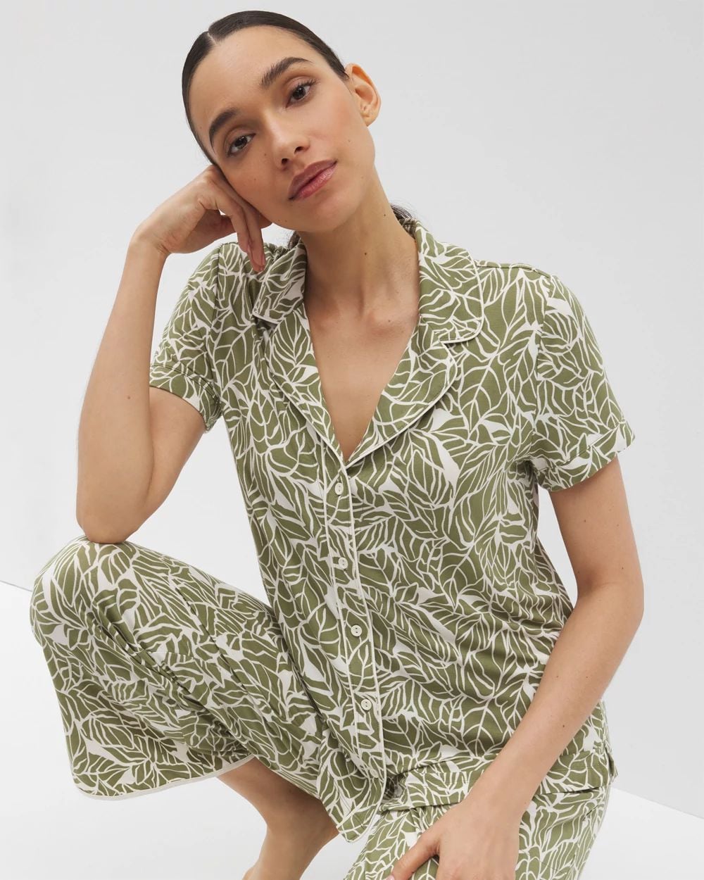 Cool Nights Piped Short Sleeve Notch Collar Pajama Top
