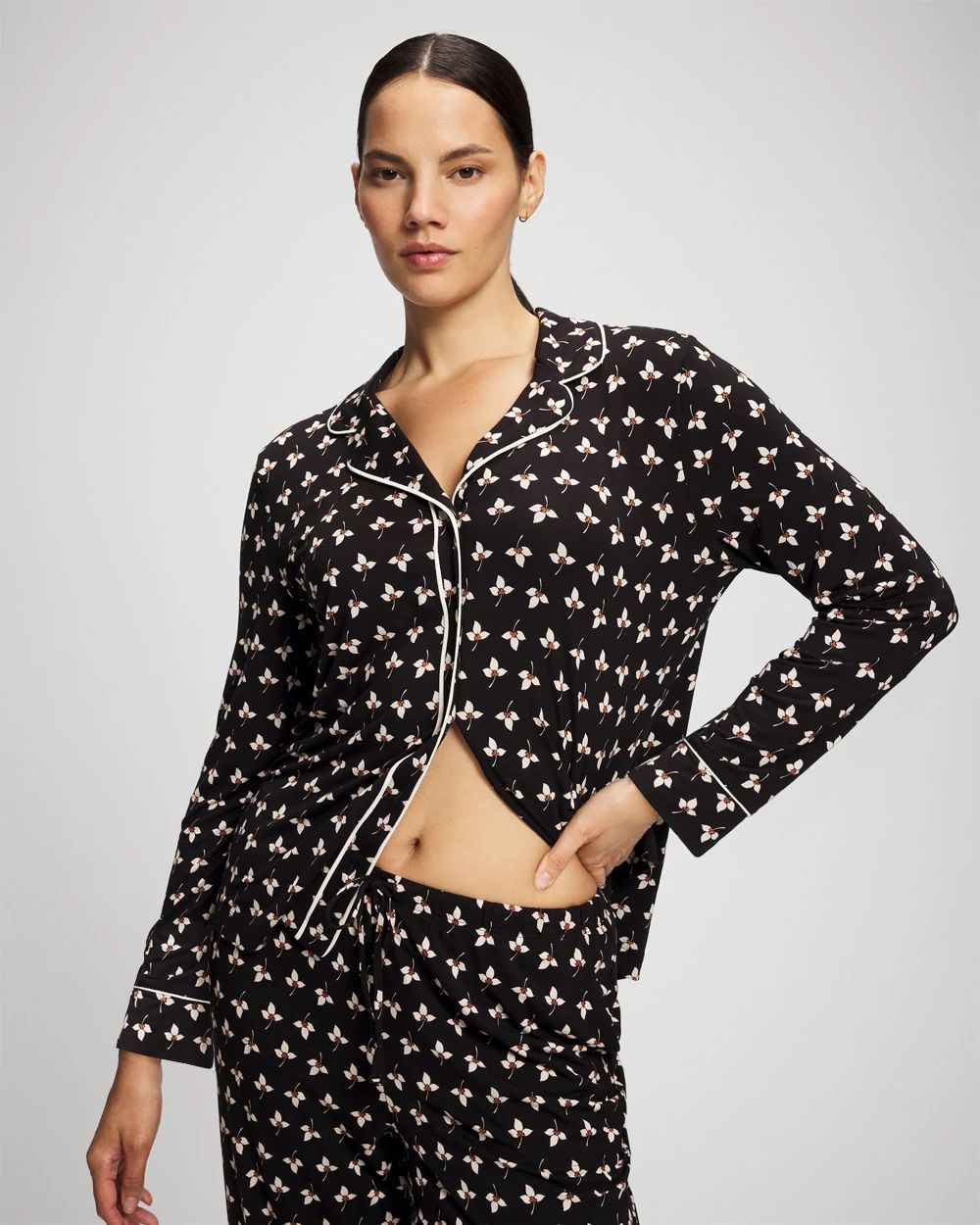 Cool Nights Long-Sleeve Printed Notch Collar Pajama Top
