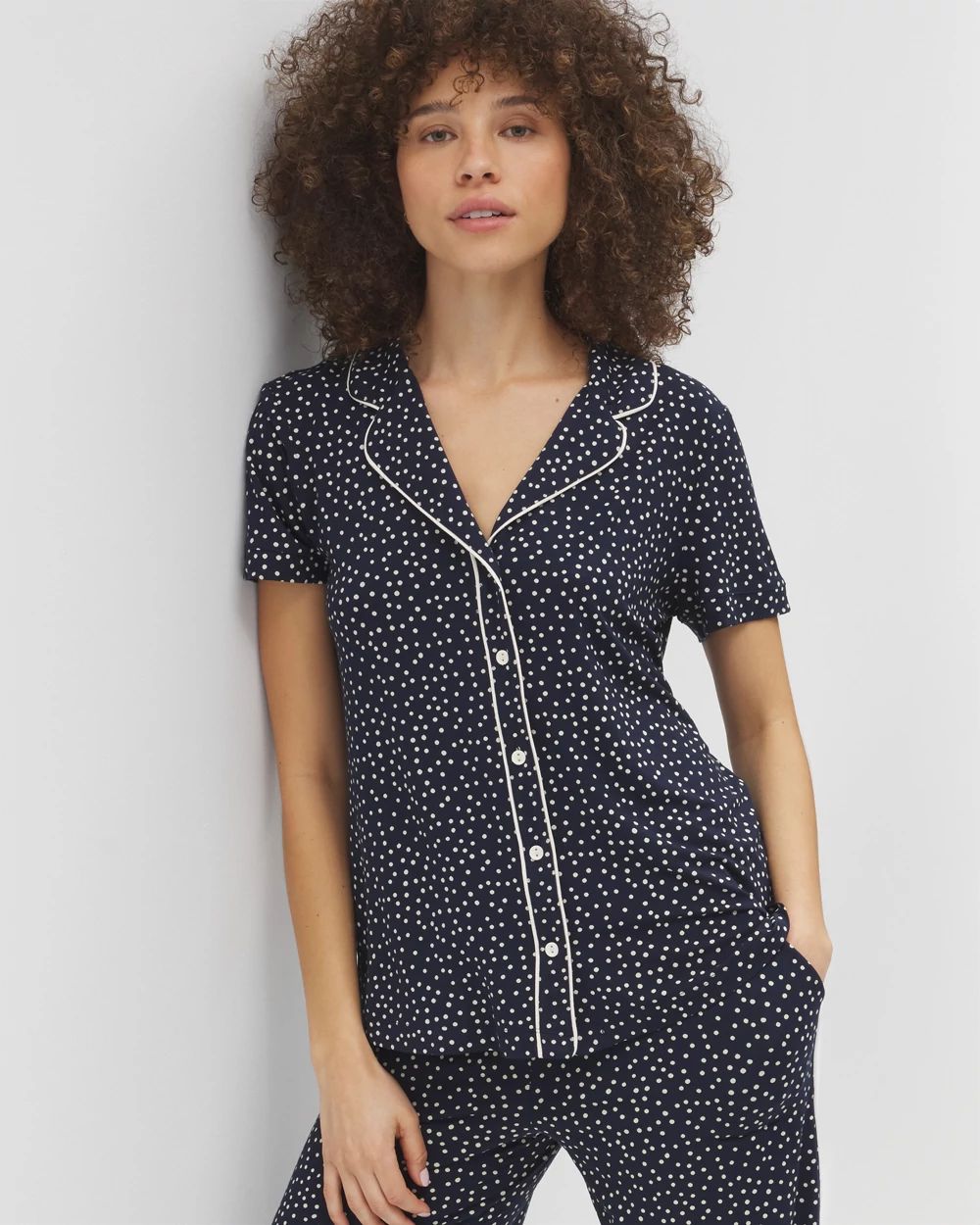 Piped Short Sleeve Notch Collar Pajama Top