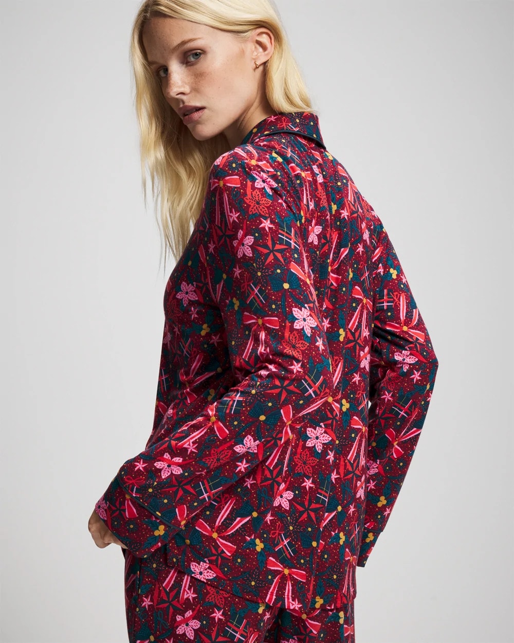 Cool Nights Long Sleeve Notch Collar with Piped Placket Pajama Top