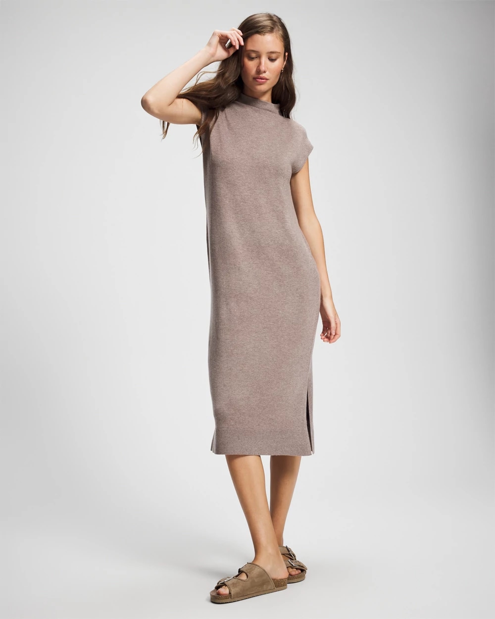 funnel neck knit dress Ease Into It Camel Brown Knit Half-Zip Funnel Collar Longline Sweater Dress