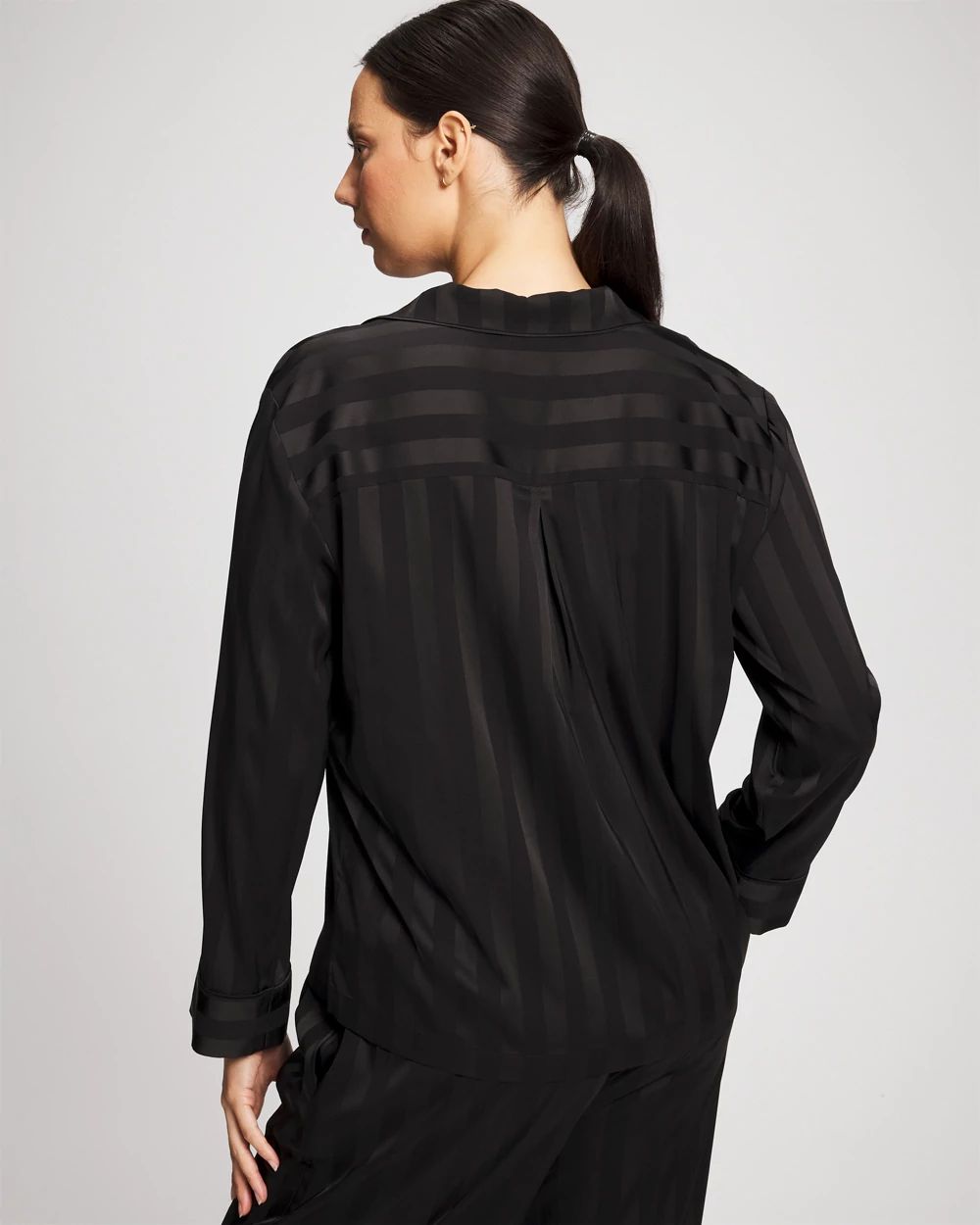 Satin Shadow Stripe Long Sleeve Pajama Notch Collar Top