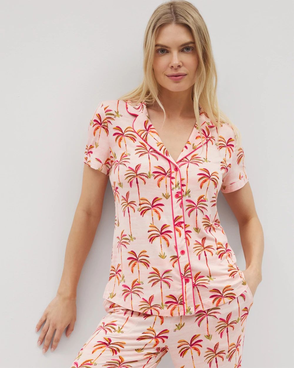 Cool Nights Piped Short Sleeve Notch Collar Pajama Top