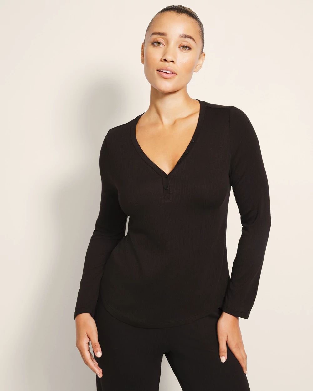 Lightweight Rib Knit Long-Sleeve Pajama Henley