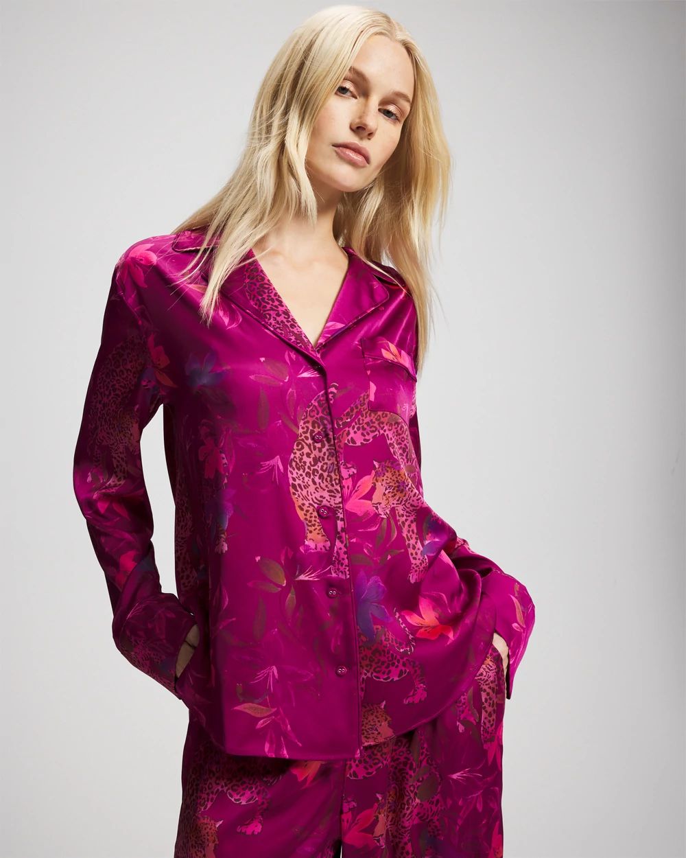 Satin Long Sleeve Notch Collar Pajama Top