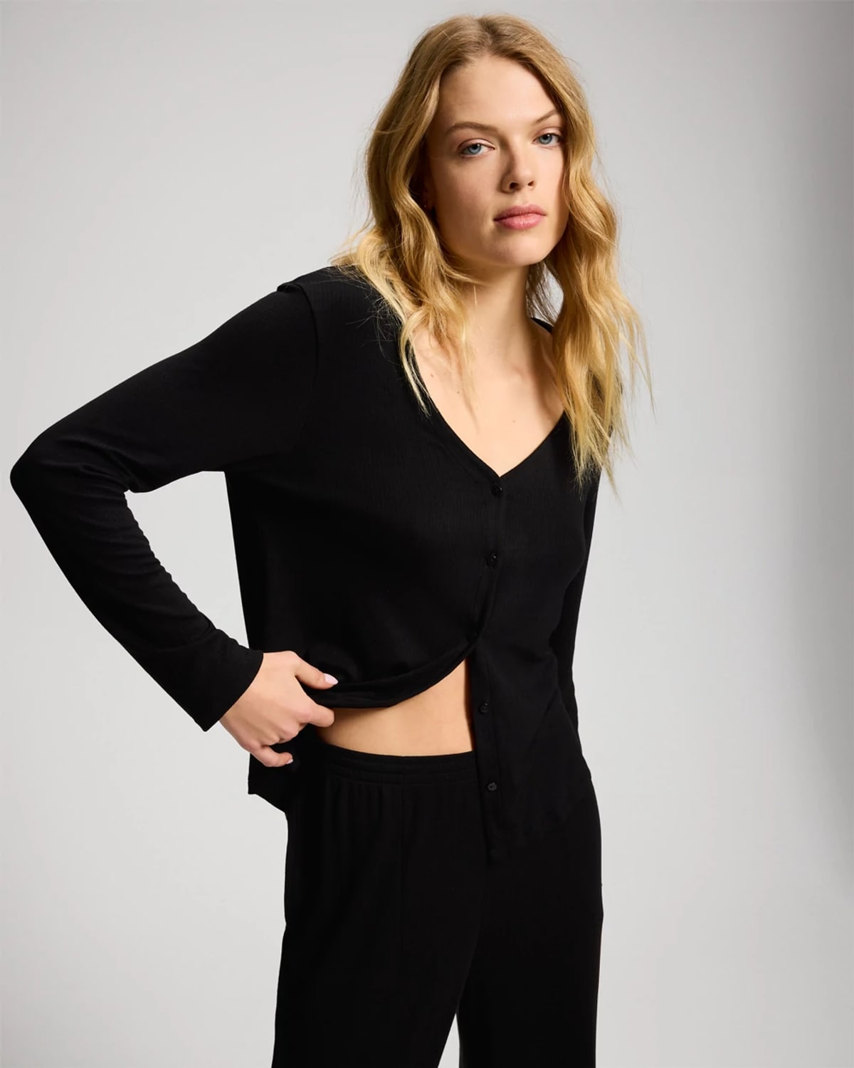 Women's Lightweight Rib Knit Button-Front Long Sleeve Pajama Top in Black size Small | Soma Pajama Sets