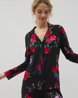 Long-Sleeve Printed Notch Collar Pajama Top