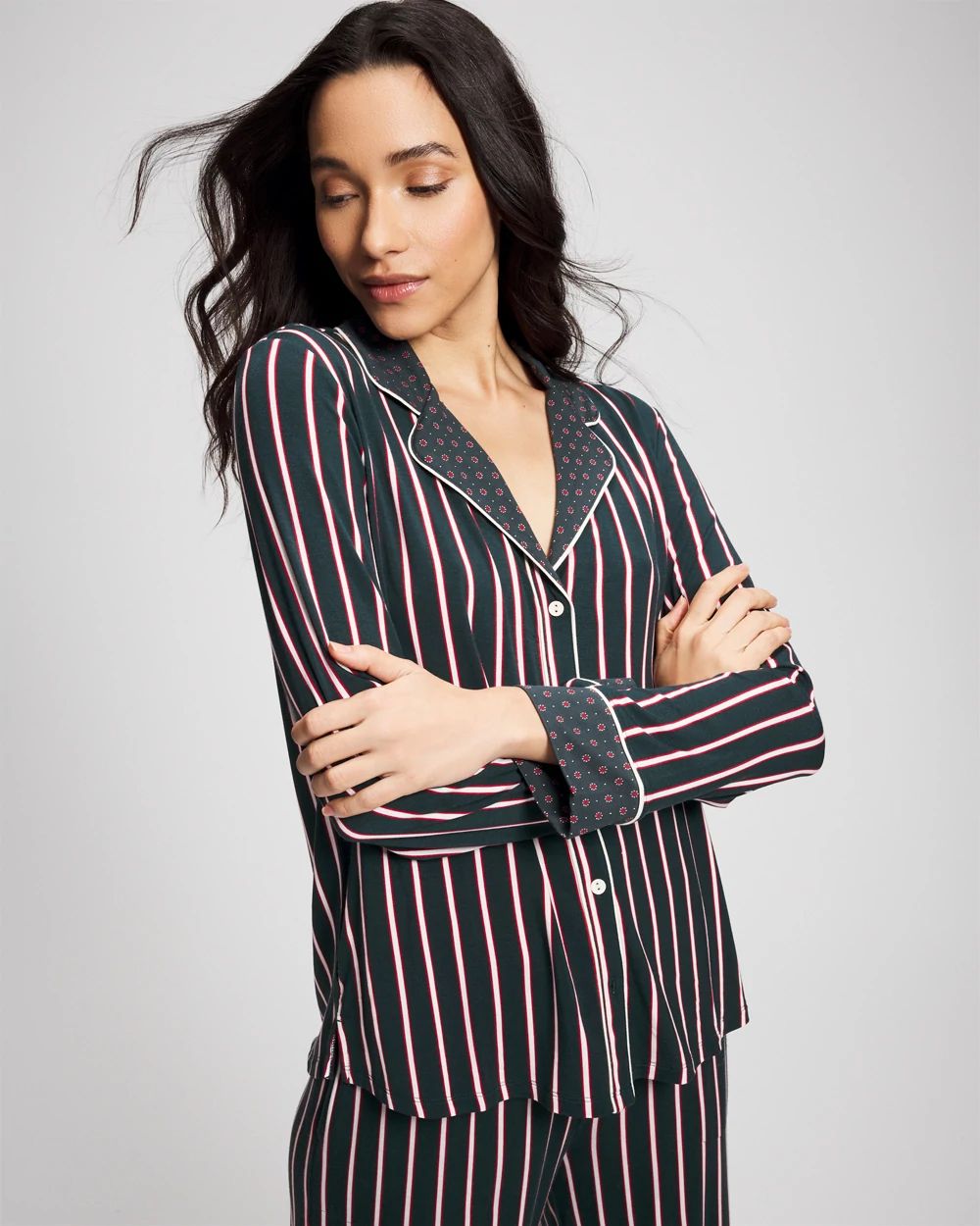 Cool Nights Long Sleeve Notch Collar with Piped Placket Pajama Top