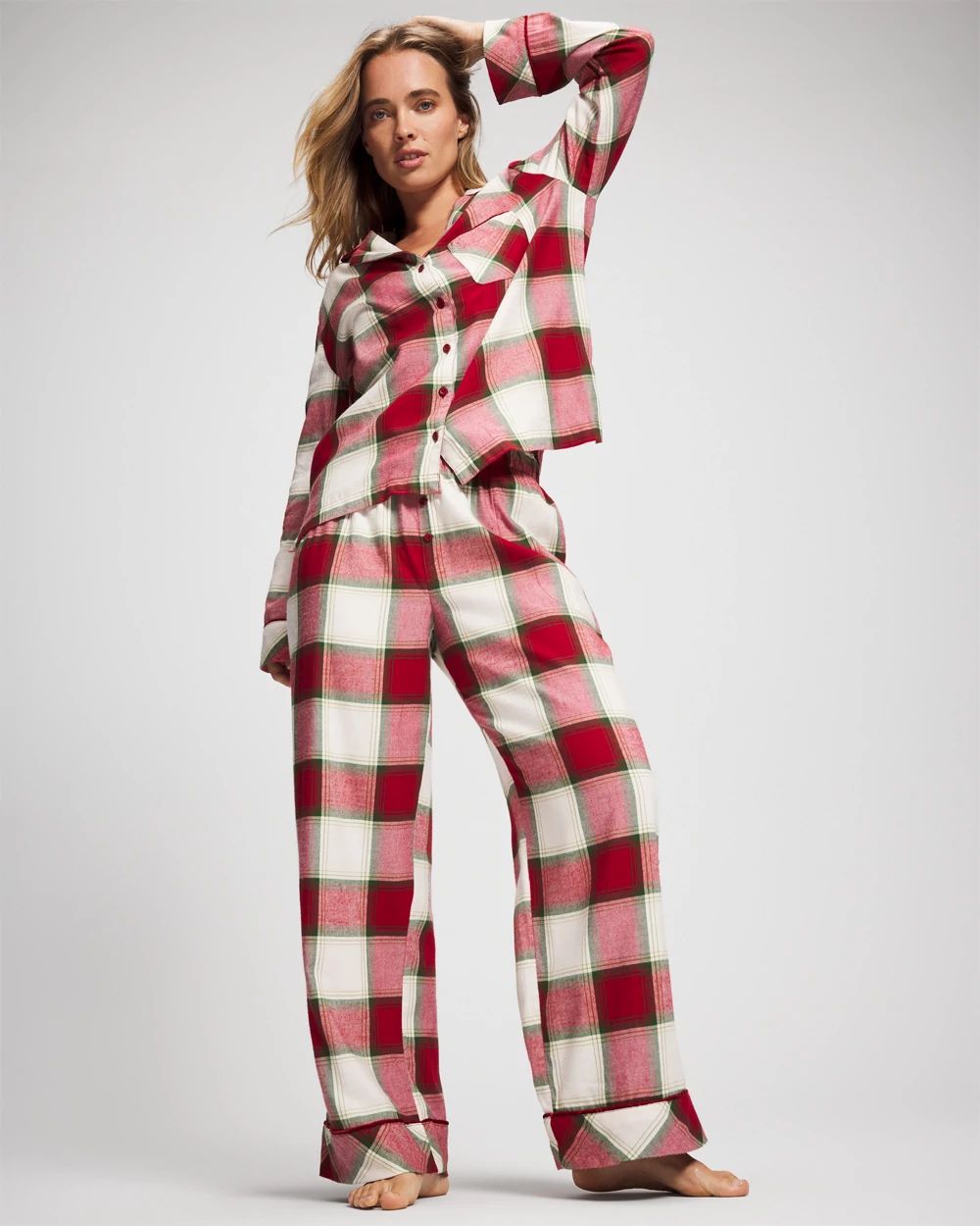Flannel Long-Sleeve Notch Collar Pajama Top