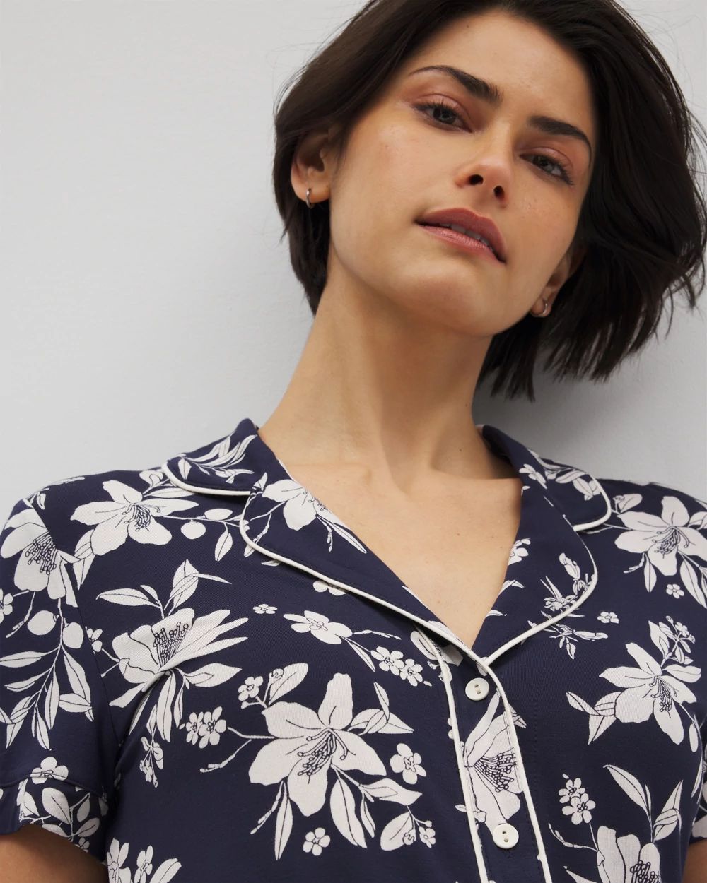 Cool Nights Piped Short Sleeve Notch Collar Pajama Top