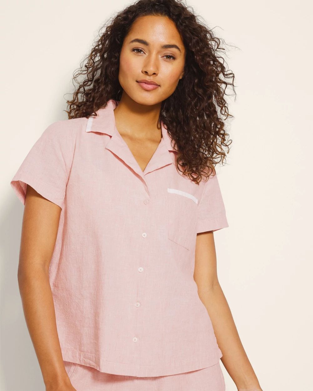 Laundered Cotton Short-Sleeve Notch Collar Pajama Top